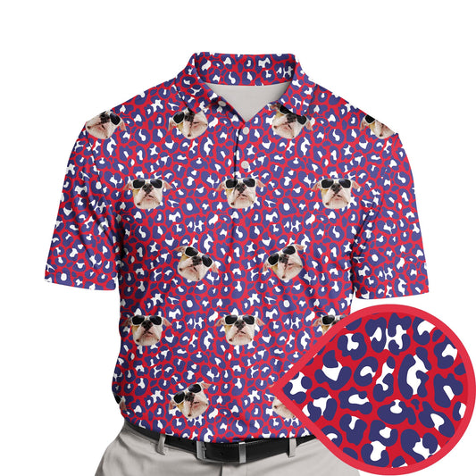 Funny golf shirts with faces on them featuring a leopard in US colors.