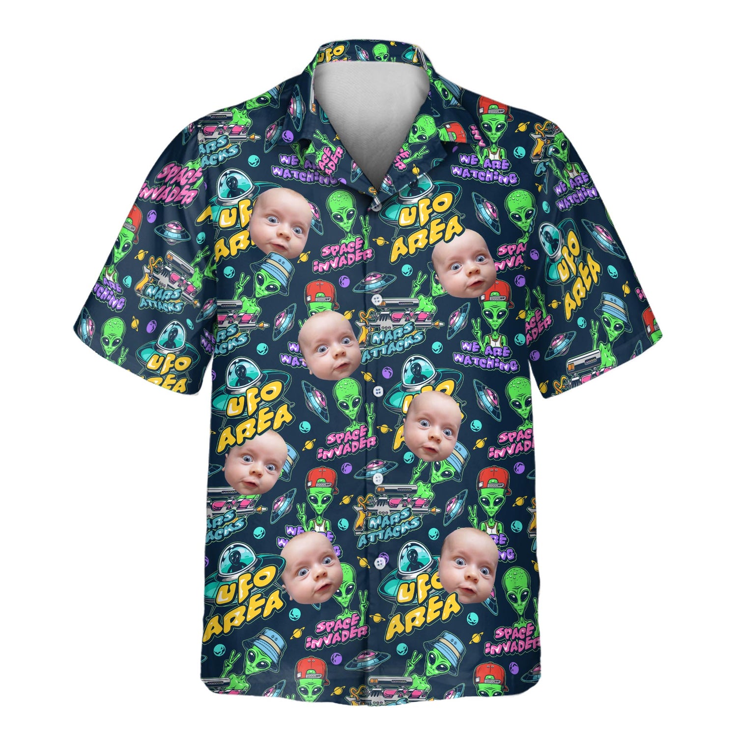 Custom Hawaiian shirts with vibrant alien landscapes and shirts with faces on them, featuring flying saucers and starry skies, perfect for fun events.