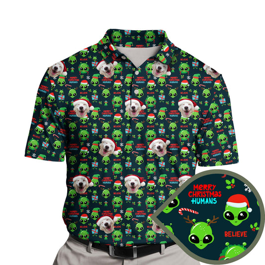 Playful funny golf shirts with faces on them, featuring holiday and alien themes.