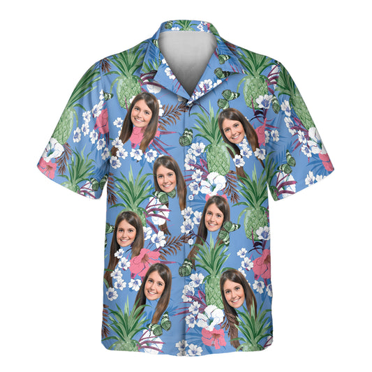 Custom Hawaiian shirts with vibrant flowers, pineapples, and palm leaves, plus shirts with faces on them, offering fun, colorful style for any occasion.