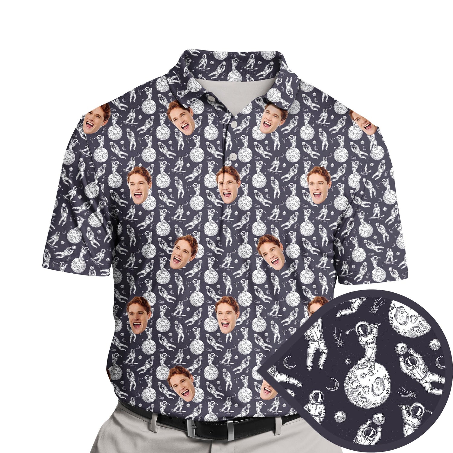 Funny golf shirts with faces on them for sporty astronauts.