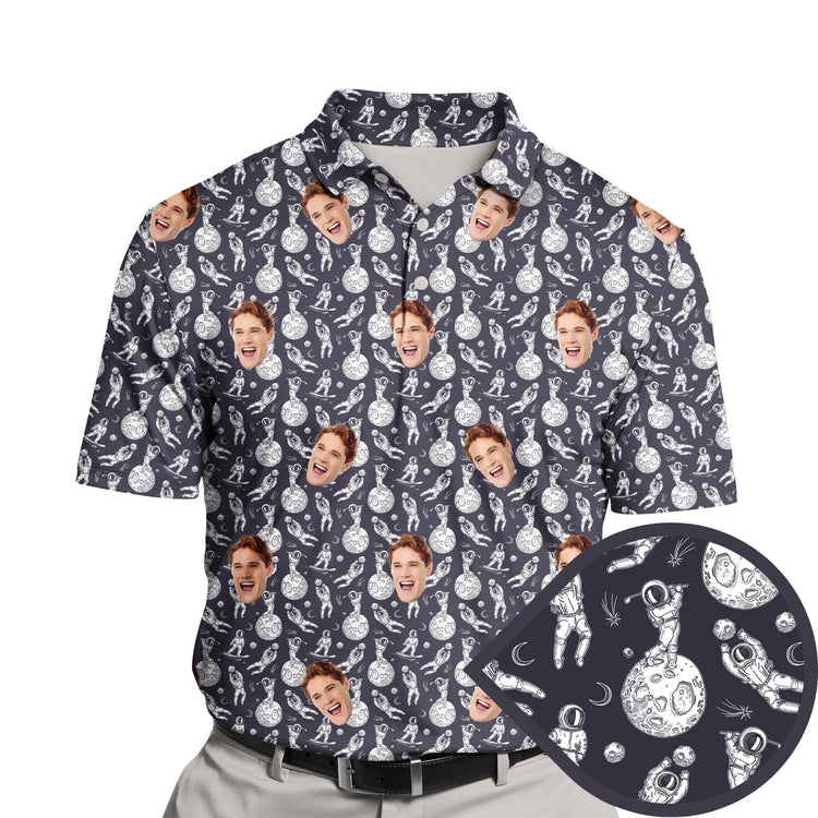 Funny golf shirts with faces on them for sporty astronauts.