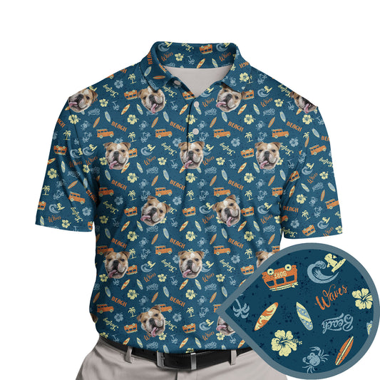 Funny golf shirts with faces on them featuring cute surfboard designs.
