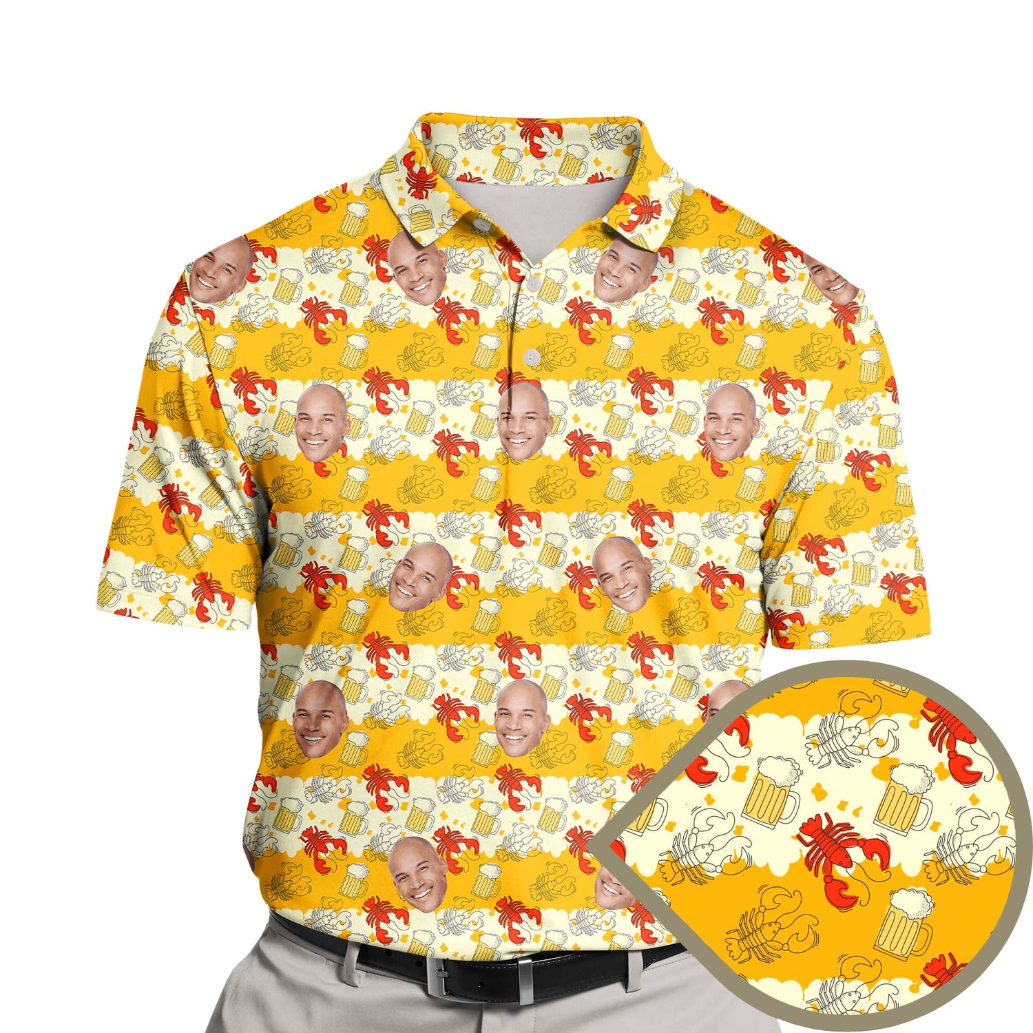Funny golf shirts with faces on them featuring Beer And Crawfish theme.