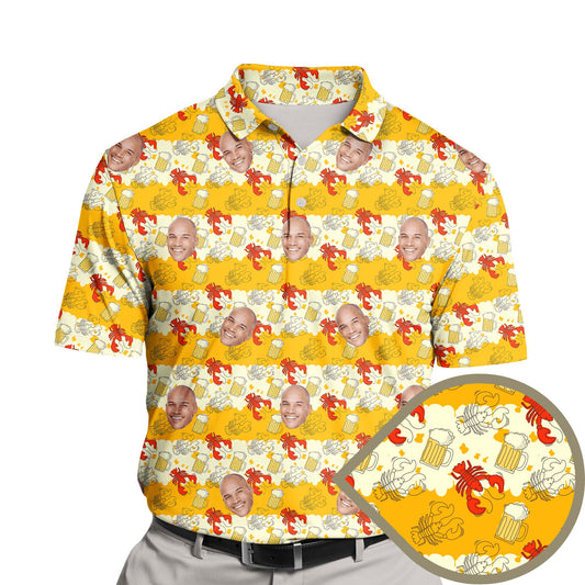Funny golf shirts with faces on them featuring Beer And Crawfish theme.