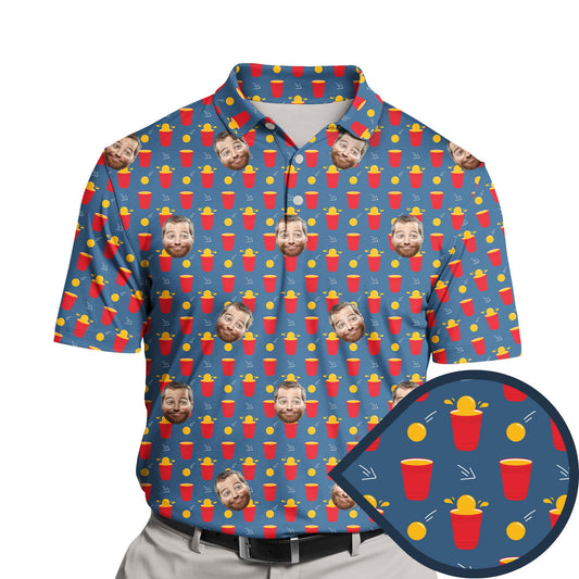 Funny golf shirts with faces on them featuring a colorful Beer Pong theme.