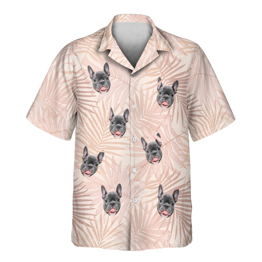 Custom Hawaiian shirts with elegant tropical leaf designs in pastel blush pink, plus shirts with faces on them, perfect for lightweight, stylish summer looks.