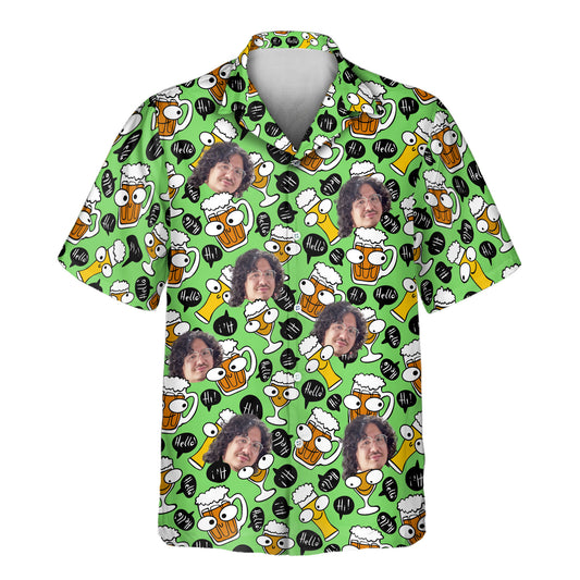 Oktoberfest-themed Hawaiian shirts with faces on them, featuring beer mugs and festive pub vibes for summer celebrations.