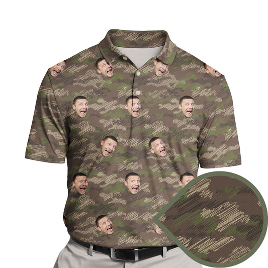 Funny golf shirts with faces on them featuring military designs.