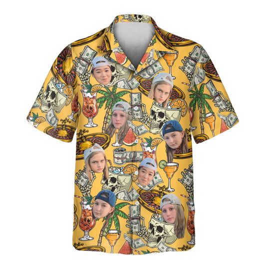 Custom Hawaiian shirts with fun casino designs and shirts with faces on them, featuring jackpot symbols, cocktails, and palm trees for a playful, retro look.