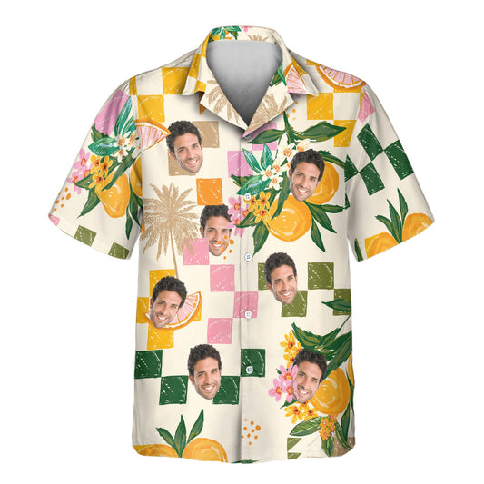 Custom Hawaiian shirts with vibrant lemons, oranges, and tropical leaves, plus shirts with faces on them, offering a fresh, fruity vibe for any fun occasion.