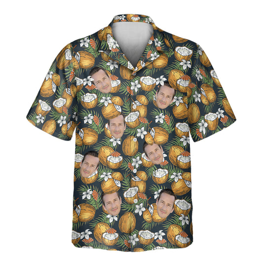 Custom Hawaiian shirts with faces on them featuring coconut cocktails, palm leaves, and tropical vibes—perfect for summer parties and beach getaways.