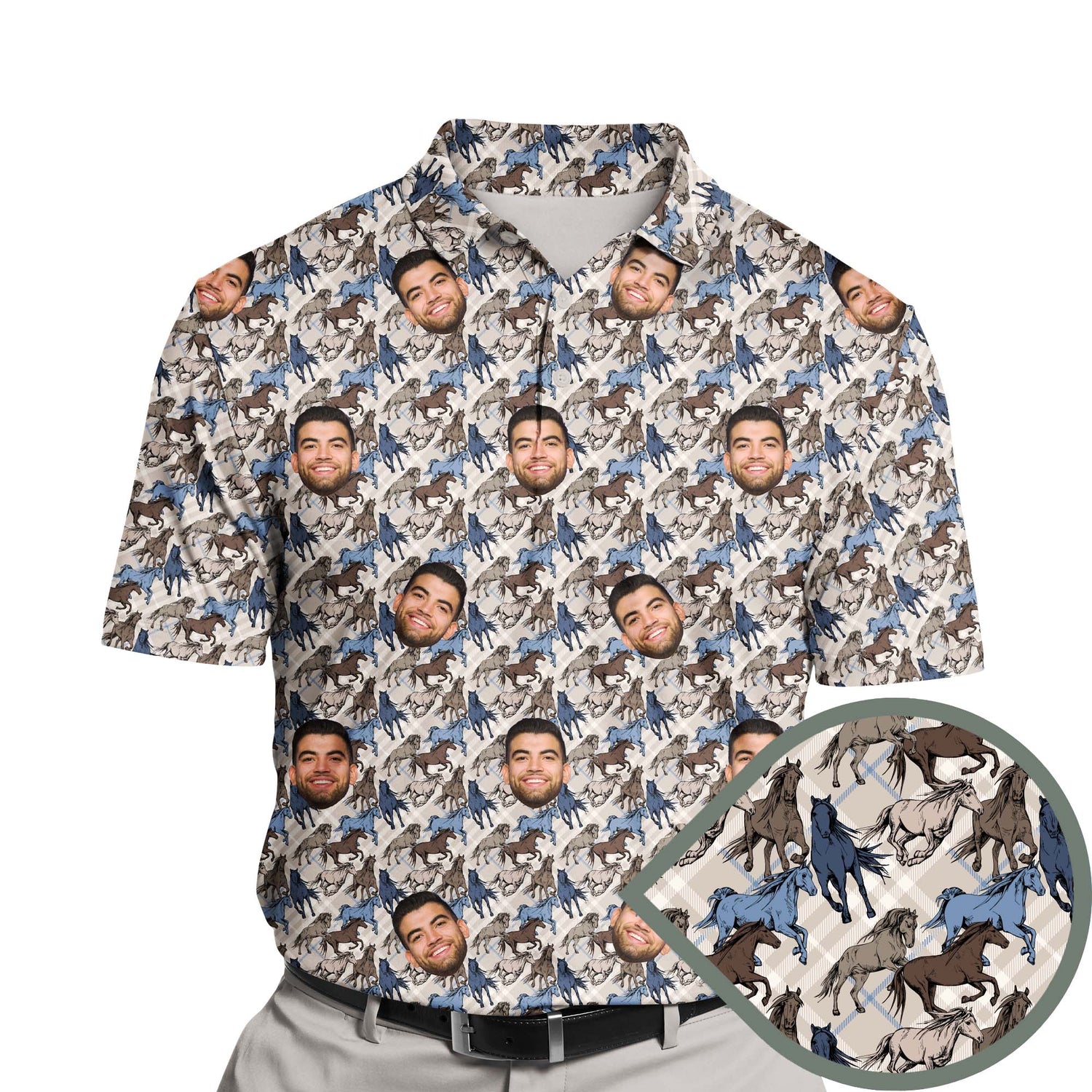 Colorful horse race design on funny golf shirts with faces on them.