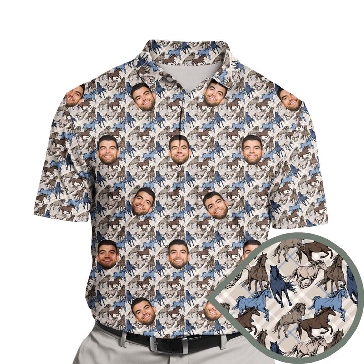 Colorful horse race design on funny golf shirts with faces on them.