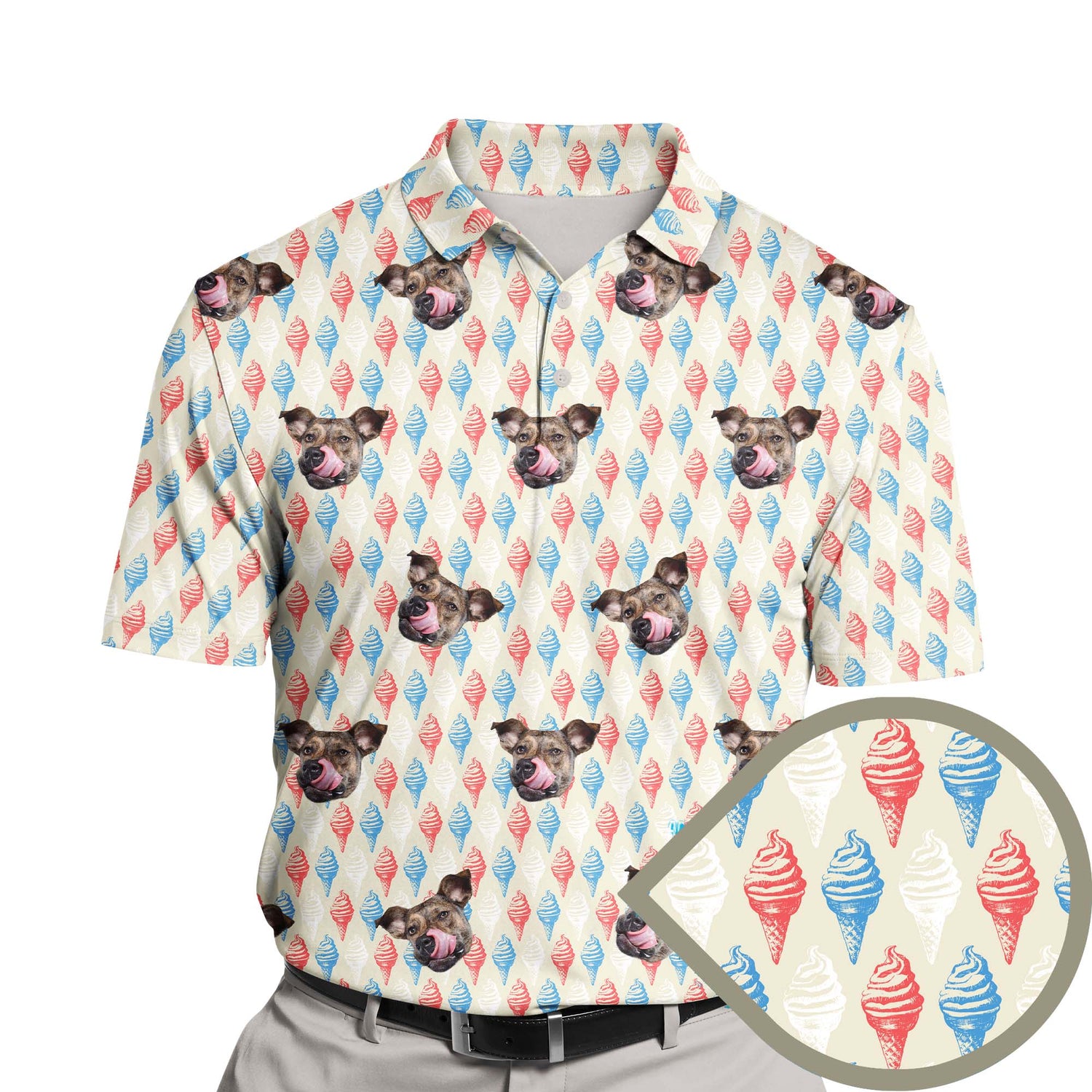 Colorful Ice Cream design featuring funny golf shirts with faces on them for a fun day on the course.