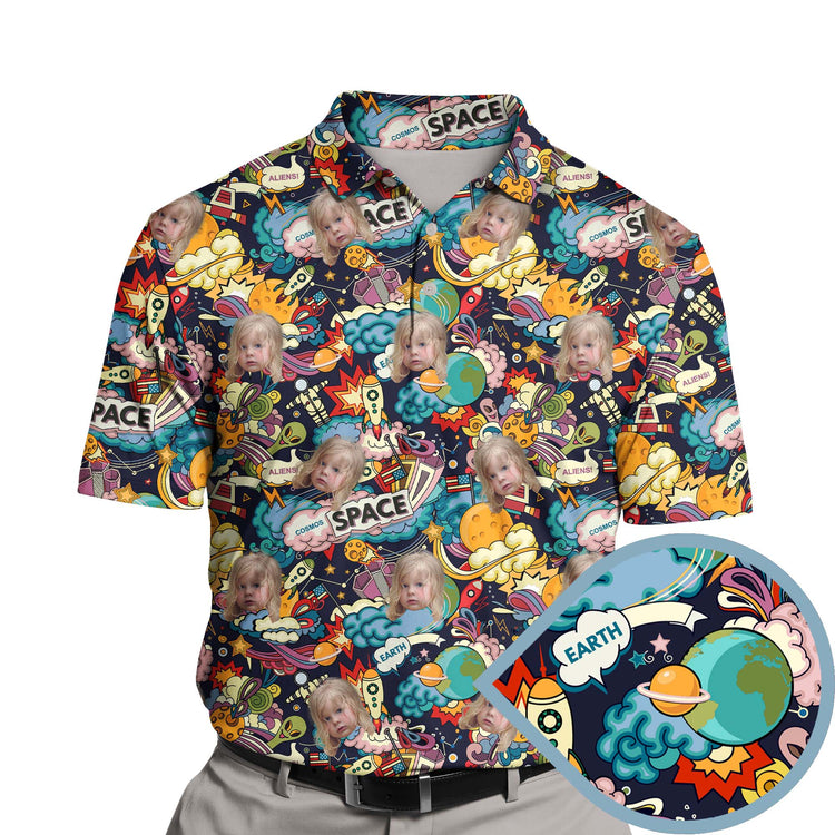 Colorful funny golf shirts with faces on them, showcasing playful rocket designs.