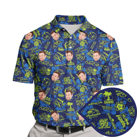 Funny golf shirts with faces on them featuring tropical designs.