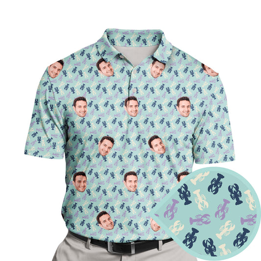 Funny golf shirts with faces on them featuring playful lobster designs.