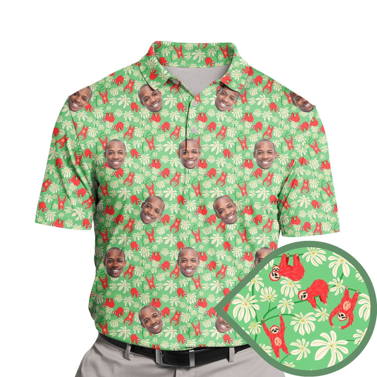 Funny golf shirts with sloth faces on them for a playful vibe.