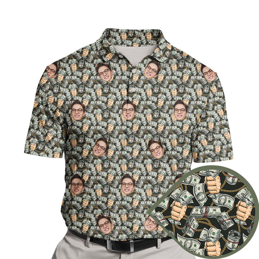 Funny golf shirts with faces on them featuring dollar bills and playful graphics.