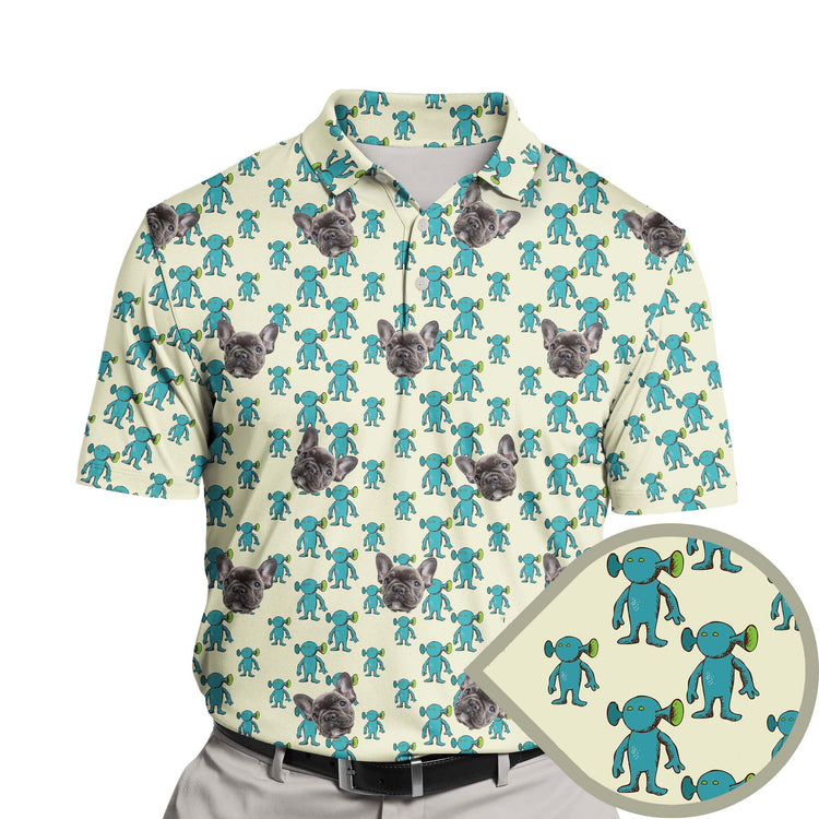 Funny golf shirts with faces on them featuring colorful monsters.