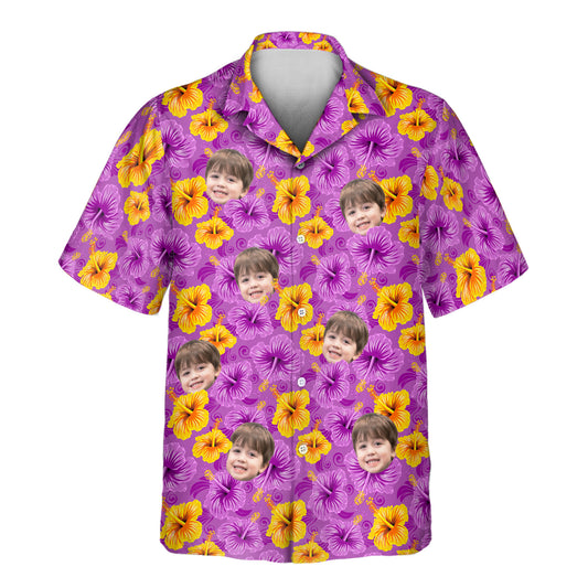 Enchanted Hibiscus Garden Hawaiian shirts with faces on them, featuring bold purple and yellow tropical flowers.