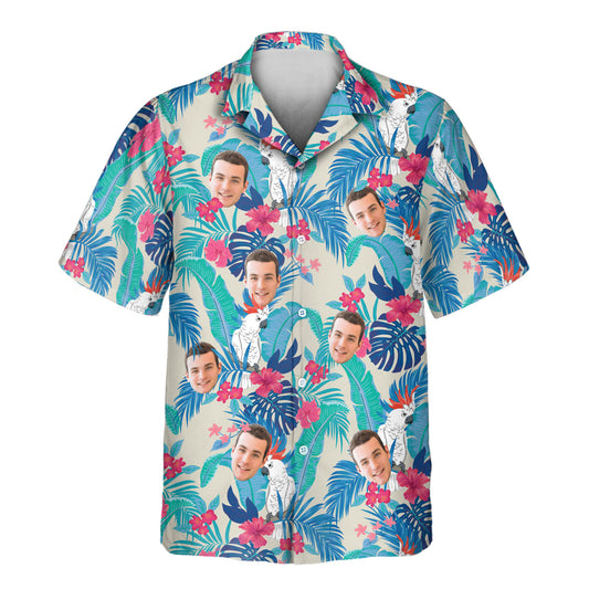 Custom Hawaiian shirts with vibrant cockatoos, banana leaves, and hibiscus flowers—bold shirts with faces on them for a tropical island vibe.