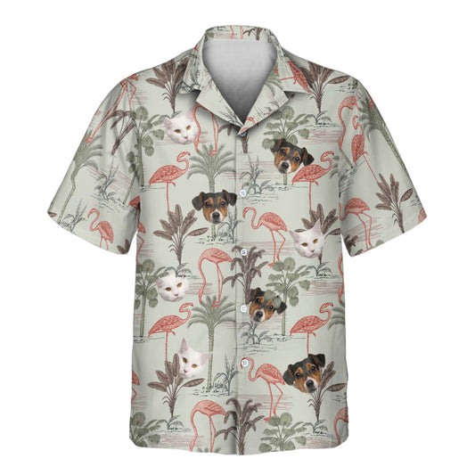 Vibrant custom Hawaiian shirts with faces on them, featuring exotic jungle leaves, tropical flowers, and wild animal patterns for a bold island look.