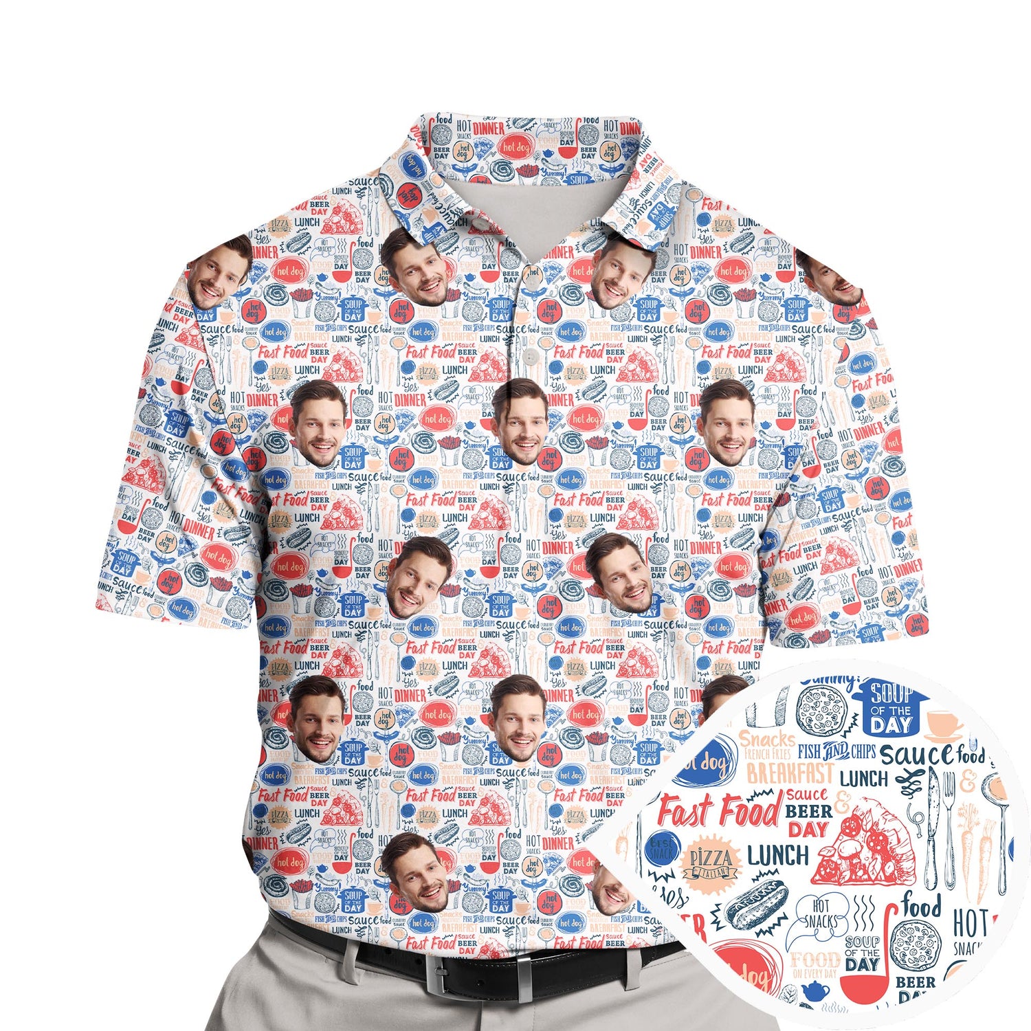 Funny golf shirts with faces on them featuring a grinning pizza slice and playful toppings.
