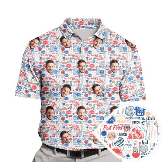 Funny golf shirts with faces on them featuring a grinning pizza slice and playful toppings.