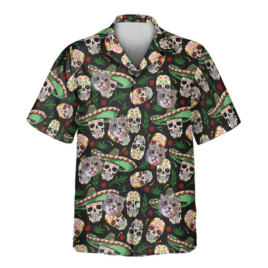 Fiesta Skull Vibes custom Hawaiian shirts feature colorful sugar skulls and festive patterns—bold shirts with faces on them for a lively, tropical look.