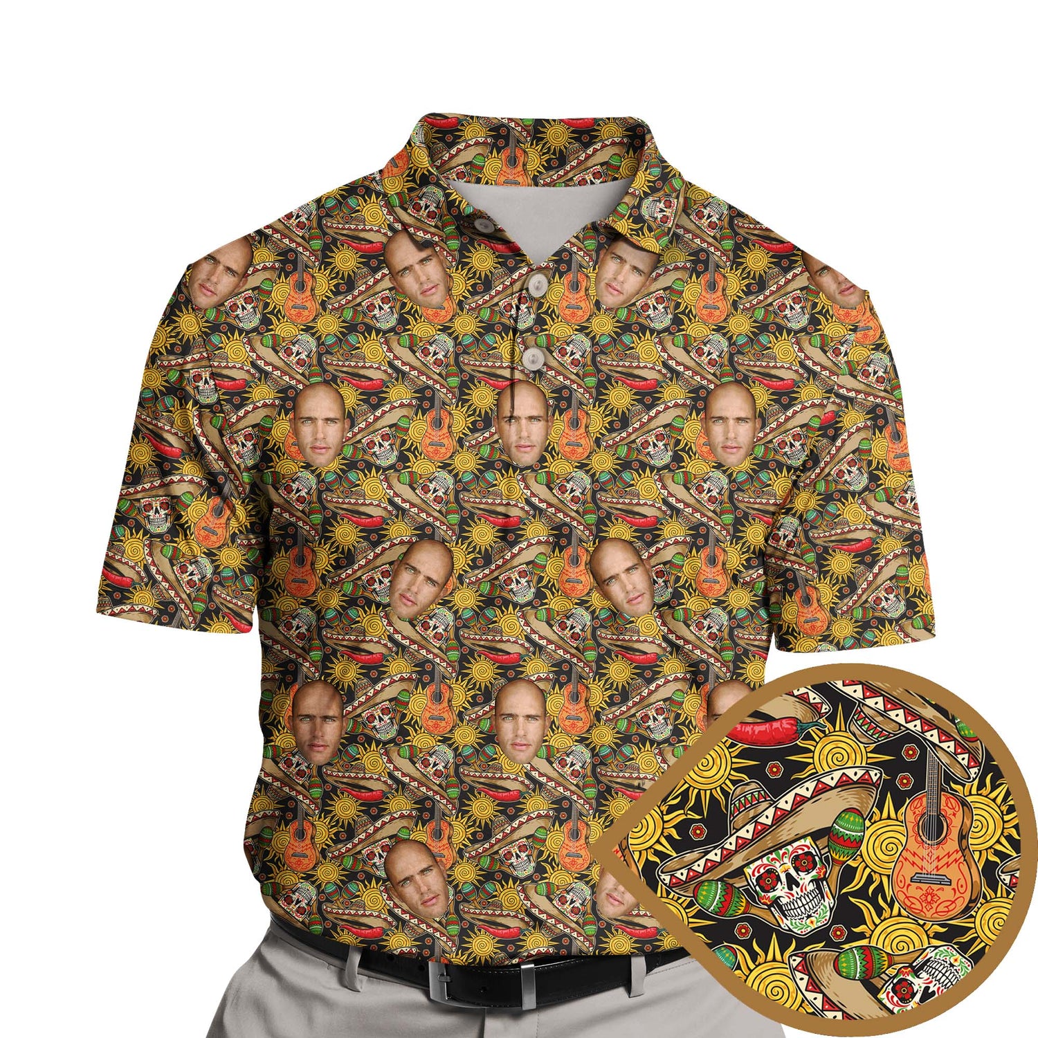Funny golf shirts with faces on them, featuring colorful skeleton designs.
