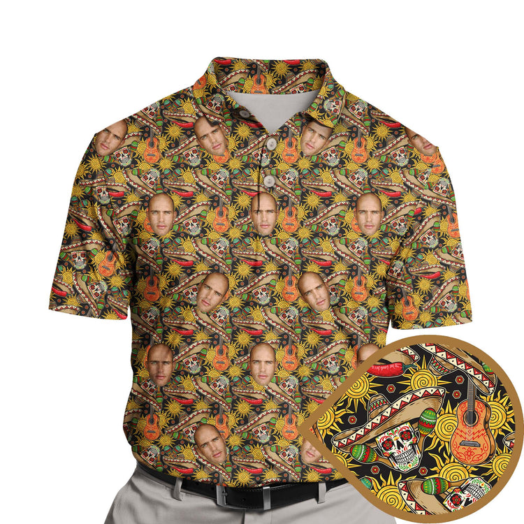 Funny golf shirts with faces on them, featuring colorful skeleton designs.