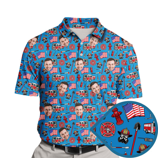 Funny golf shirts with faces on them featuring firefighter equipment and gear.