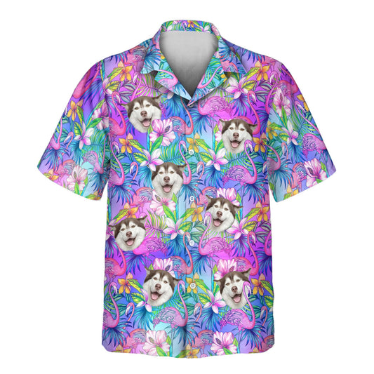 Flamingo Breeze Custom Hawaiian Shirts with Faces or Logos, featuring vibrant flamingos, hibiscus, and palm trees in a tropical design.