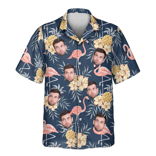 Custom Hawaiian shirts with pink flamingos, hibiscus flowers, and shirts with faces on them, offering a fun, tropical vibe on a navy backdrop for any occasion.