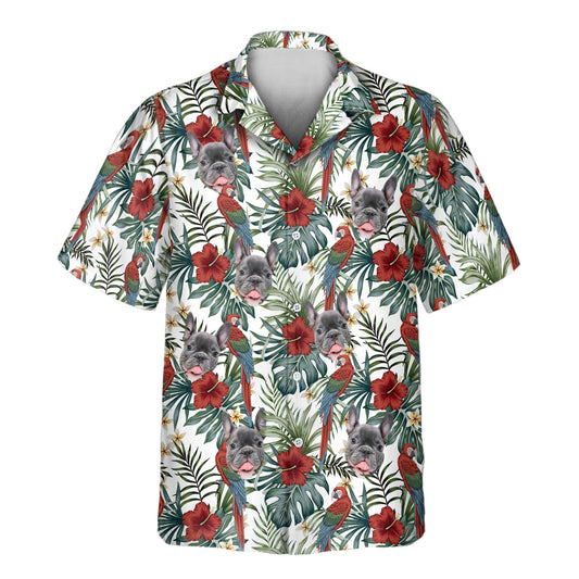 Custom Hawaiian shirts with macaw parrots, palm leaves, and hibiscus—bold shirts with faces on them for a tropical and vibrant summer look.