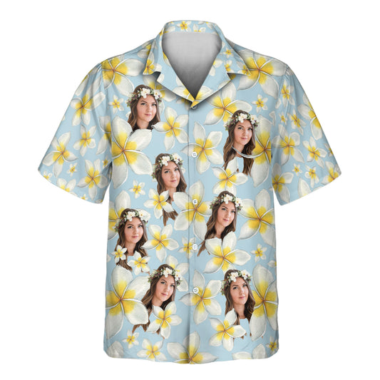 Custom Hawaiian shirts with blue and white frangipani flowers and shirts with faces on them, perfect for beach days and tropical-themed events in lightweight comfort.
