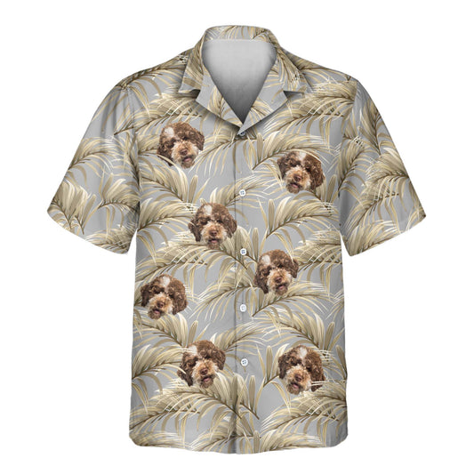 Golden Palm Leaves custom Hawaiian shirts with faces on them, showcasing vibrant gold palm leaf patterns on a tropical background, perfect for summer wear.