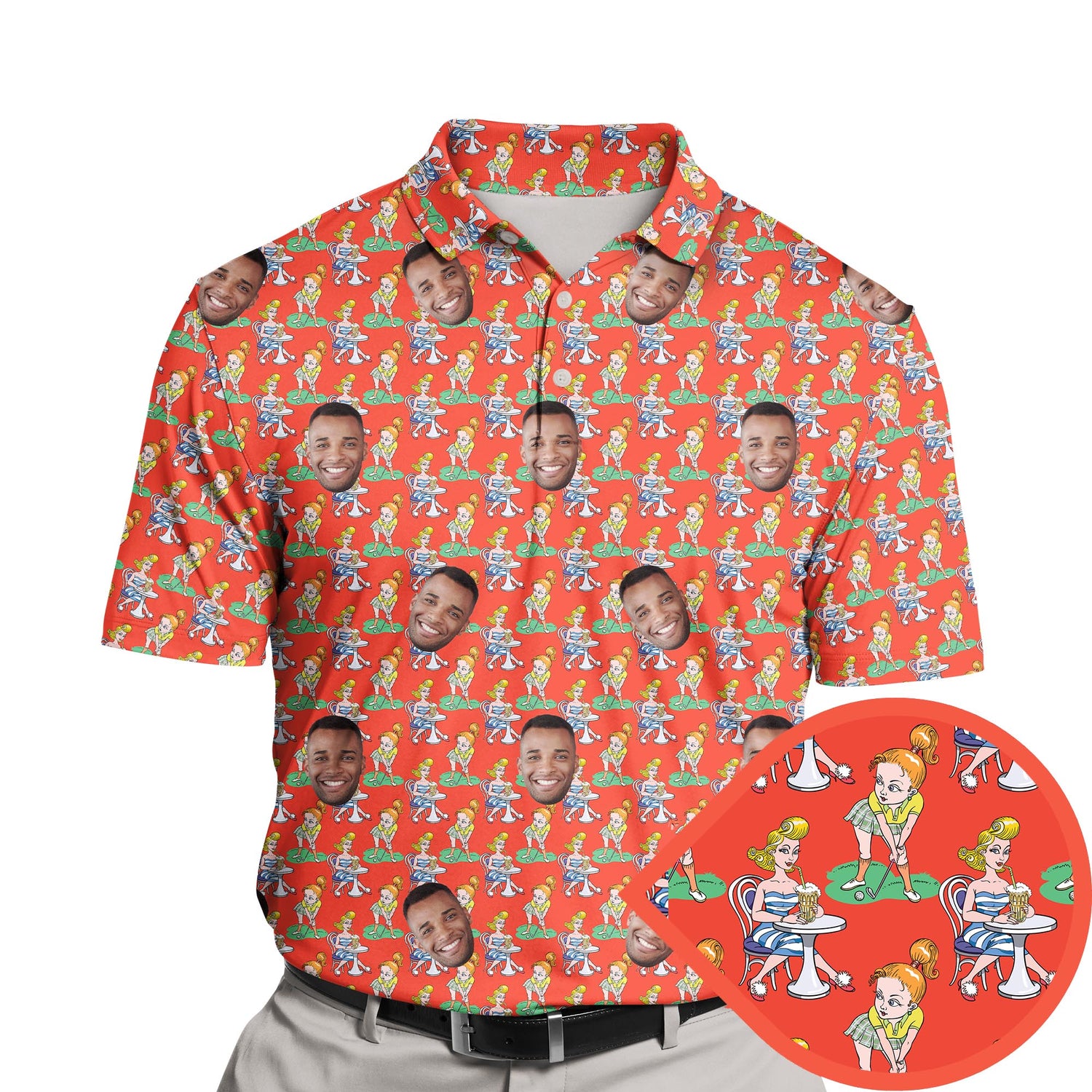 Funny golf shirts with faces on them featuring women enjoying cocktails.