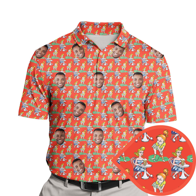 Funny golf shirts with faces on them featuring women enjoying cocktails.
