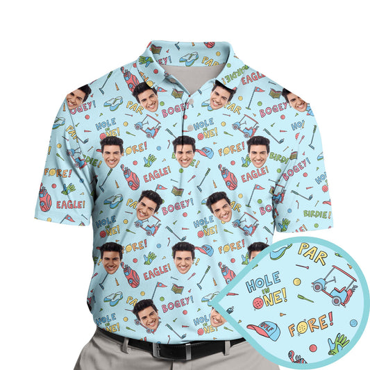 Funny golf shirts with faces on them featuring playful doodles of golf equipment.