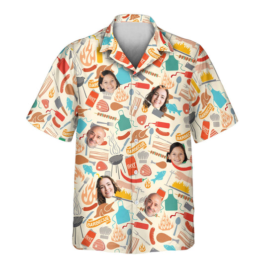 Spice up your look with custom Hawaiian shirts featuring BBQ-themed designs! Fun shirts with faces on them, perfect for any grill master party.
