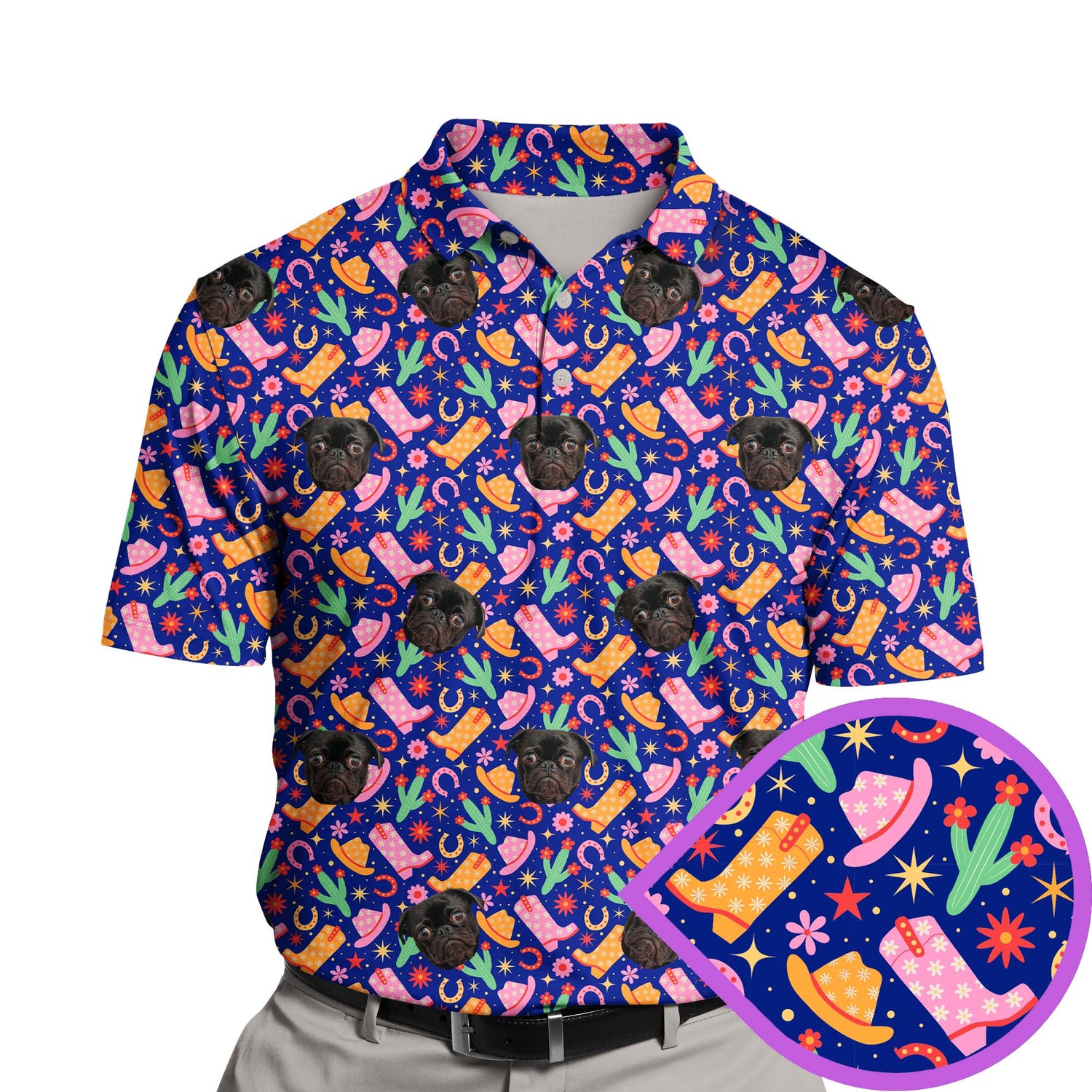 Team of golfers wearing funny golf shirts with faces on them, showcasing Groovy Cowgirl designs and vibrant colors.