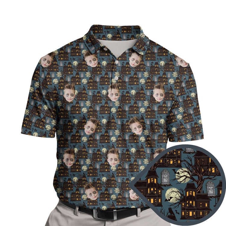 Funny golf shirts with Halloween ghost faces on them for a spooky golf style.