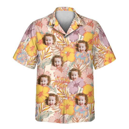 Custom Hawaiian shirts with vibrant hibiscus, palm trees, and shirts with faces on them, offering lightweight tropical flair for any adventure or occasion.