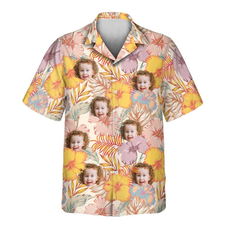 Custom Hawaiian shirts with vibrant hibiscus, palm trees, and shirts with faces on them, offering lightweight tropical flair for any adventure or occasion.