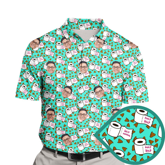 Funny golf shirt with faces on them, featuring the slogan "Holy Shit Happens" in a fun design.