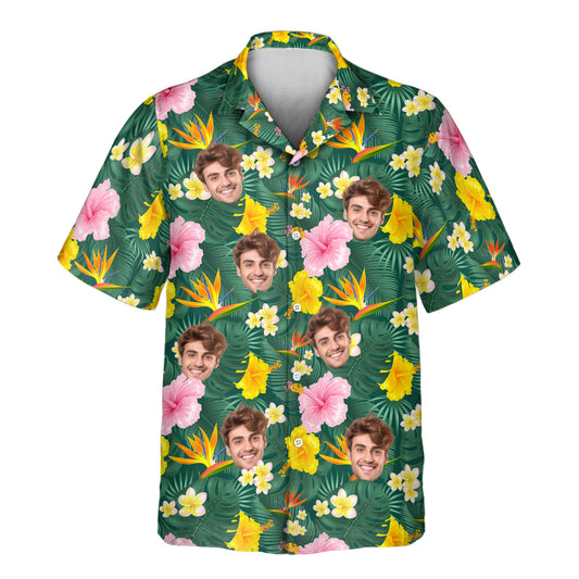 Island Blossom custom Hawaiian shirts with faces on them feature vibrant tropical prints with hibiscus, plumeria, and palm leaves, perfect for summer vibes.