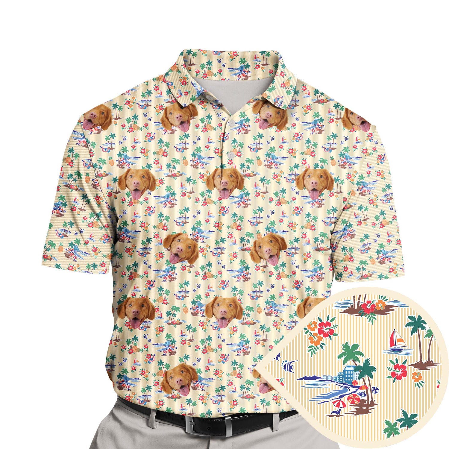 Funny golf shirts with faces on them featuring tropical designs.